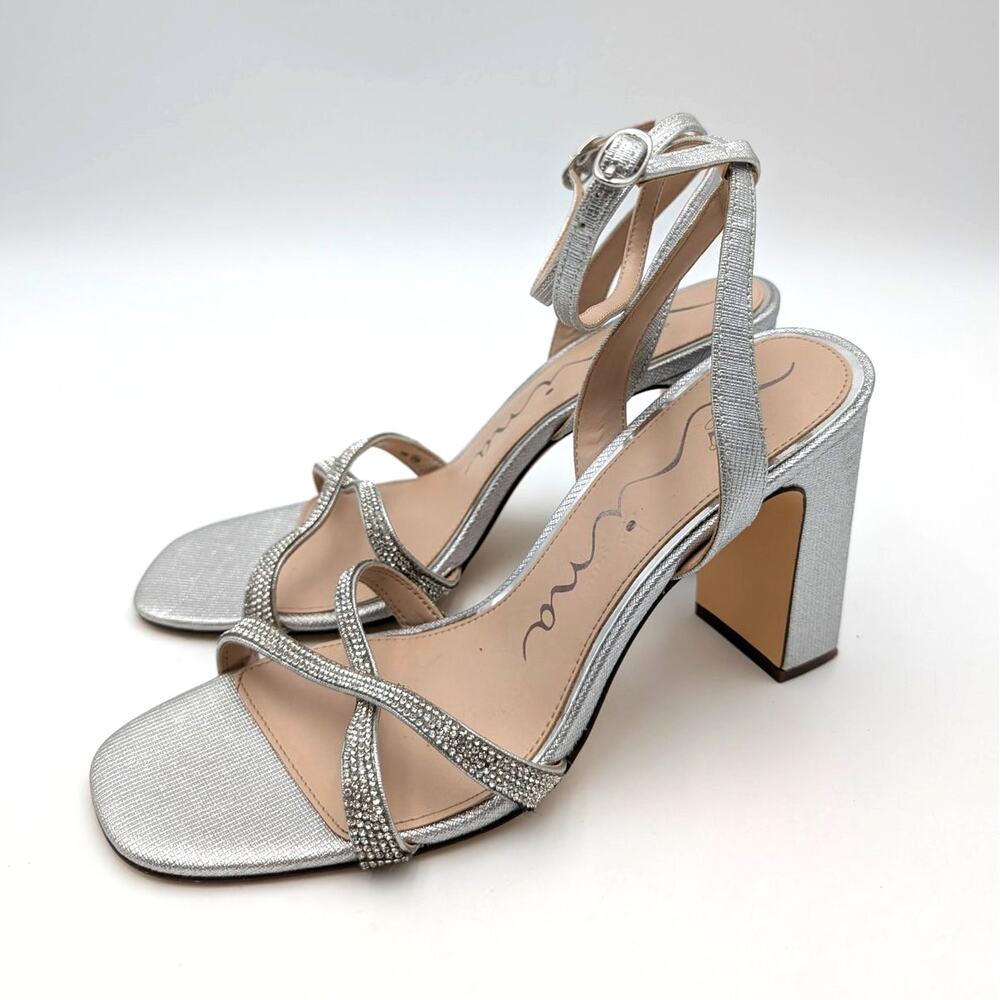 Nina Helga Ankle Strap Block Heel Sandals Women's Silver Size US10M EU40